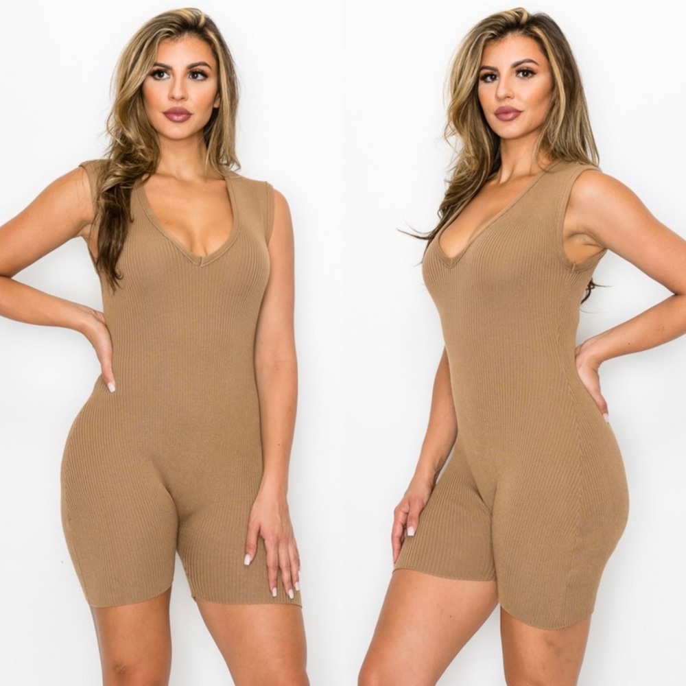 Ribbed v neckline romper in taupe